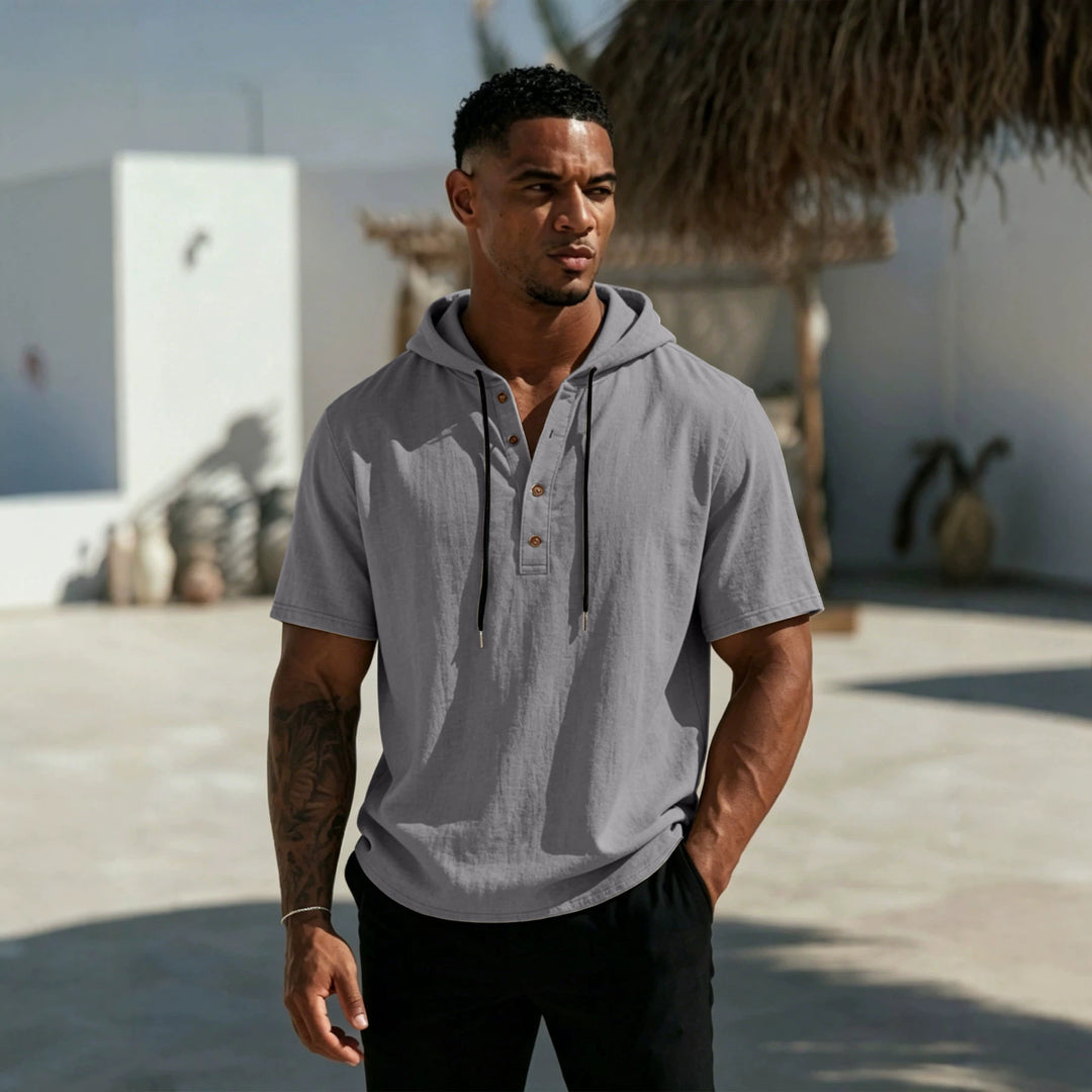 Herren Kurzarm-Hoodie-Henley aus Leinenoptik mit Knopfleiste Shop Nory
