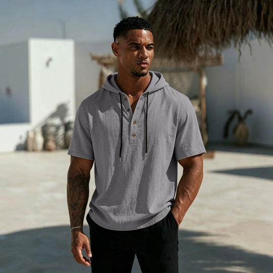 Herren Kurzarm-Hoodie-Henley aus Leinenoptik mit Knopfleiste Shop Nory