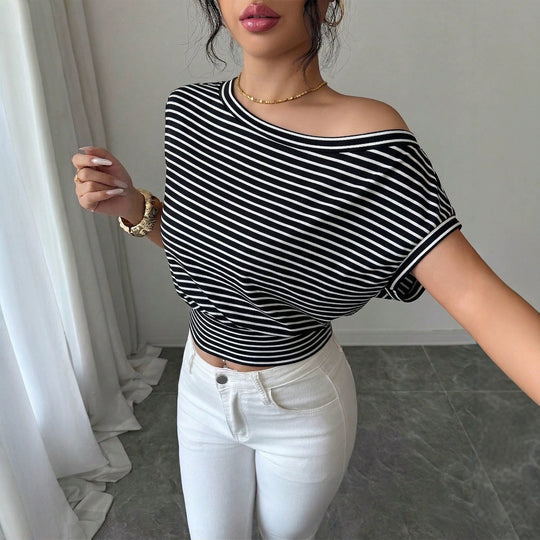 Damen Gestreiftes Off-Shoulder Cropped Shirt mit tailliertem Bund Shop Nory