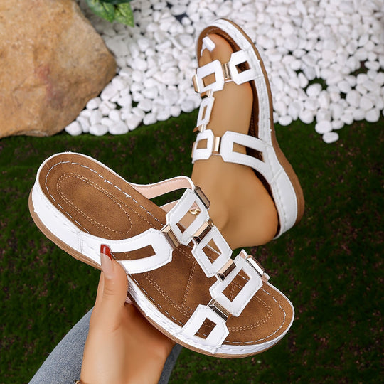 Damen Bequeme geometrisch ausgeschnittene Leder-Slides mit gepolsterter Komfortsohle Shop Nory