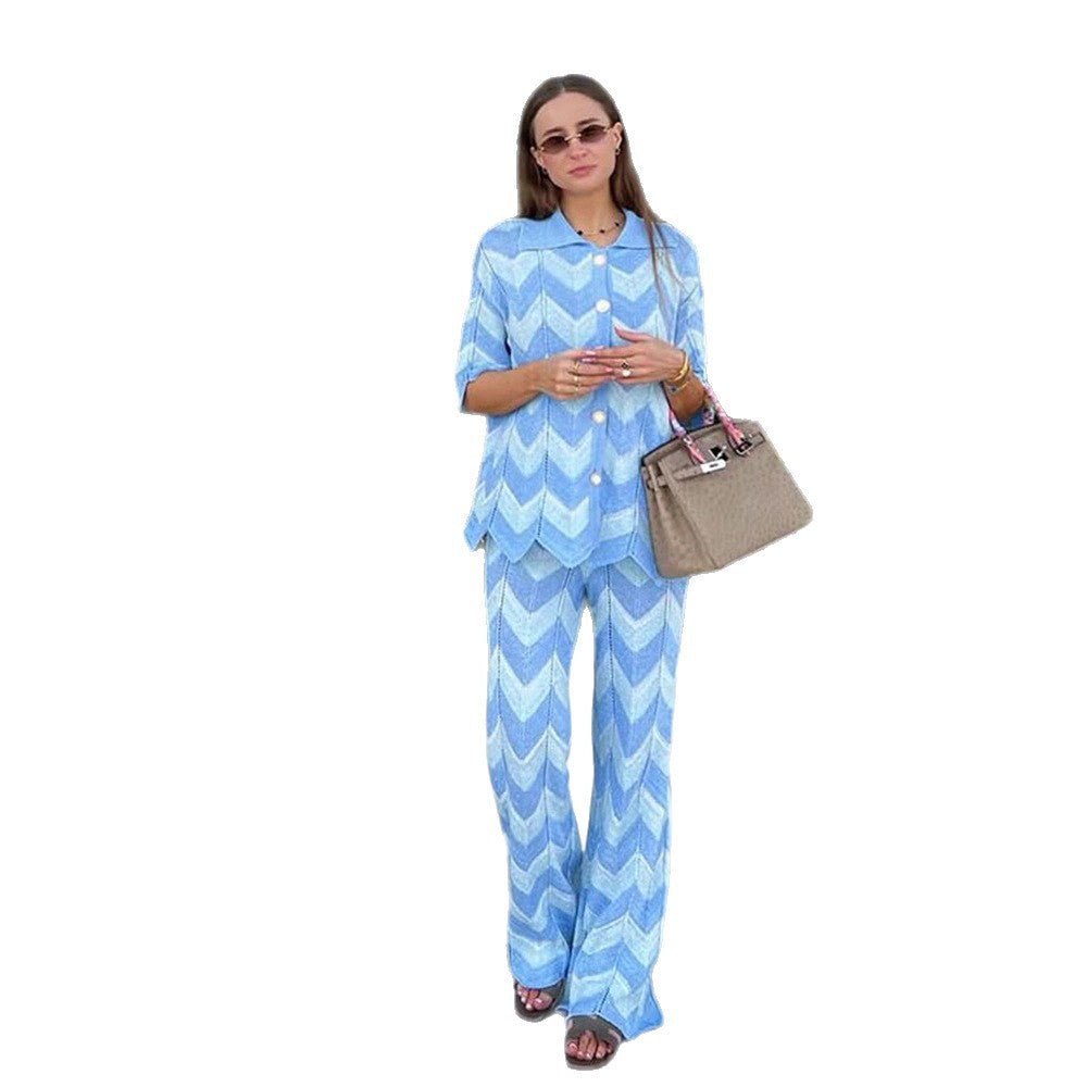 Damen Feinstrick‑Zweiteiler im Chevron‑Muster mit Hemdkragen und weitem Bein Shop Nory