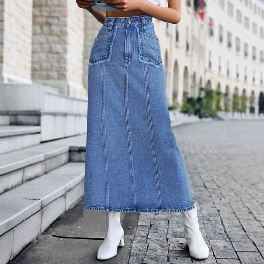 Damen Hochtaillierter Jeans‑Midirock mit vertikalen Nahtpaneelen und aufgesetzten Rundtaschen Shop Nory