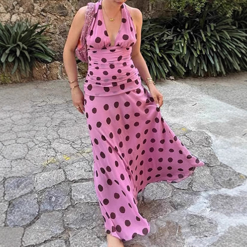Damen Elegantes Maxikleid mit Punkten und tiefem V-Ausschnitt