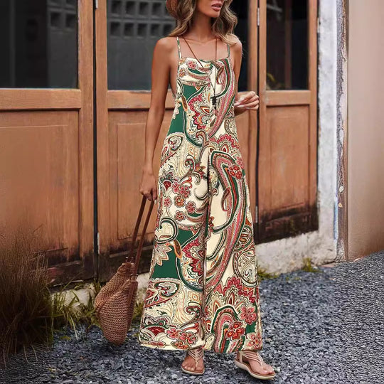 Damen Lässiger ärmelloser Jumpsuit mit weitem Bein, Spaghettiträgern und Paisley‑Print Shop Nory