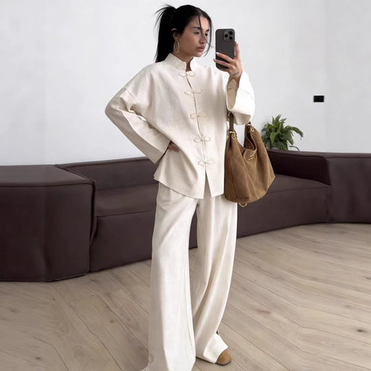 Damen Oversized Mandarinjacke mit Knotenverschlüssen und weitem Arm Shop Nory