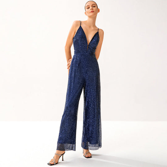 Damen Glitzernder Jumpsuit mit tiefem V-Ausschnitt und weitem Beinschnitt