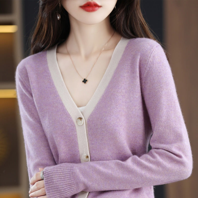Damen Kontrastbesetzter V‑Neck-Feinstrickcardigan mit Perlmuttknöpfen Shop Nory
