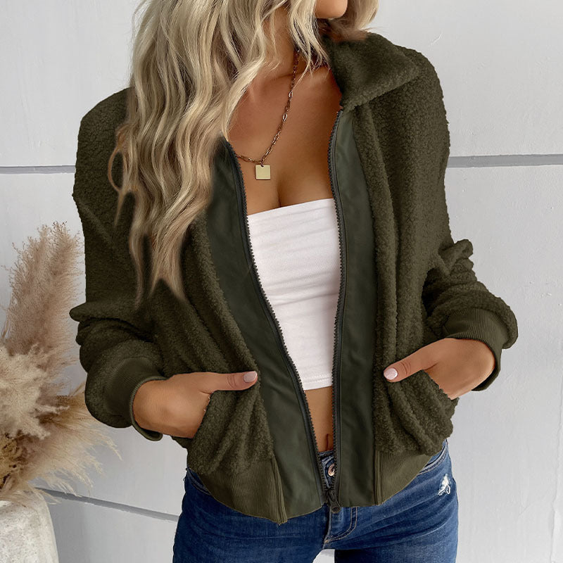 Damen Teddyjacke mit Reißverschluss, Stehkragen und Rippbündchen Shop Nory