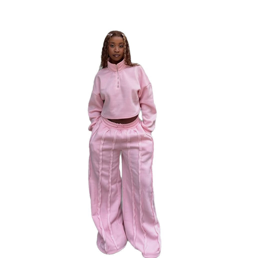 Damen Crop-Halbzip-Sweatshirt und High-Waist Wide-Leg Loungehose Set mit sichtbaren Naht-Details Shop Nory