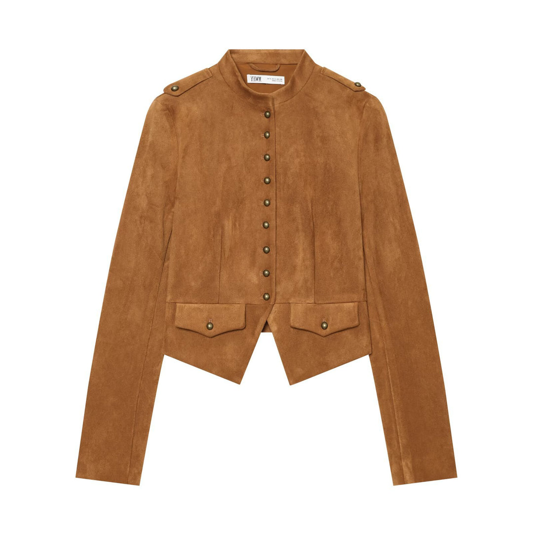 Damen Kurzjacke aus Veloursoptik im Military‑Stil mit Stehkragen und asymmetrischem Saum Shop Nory