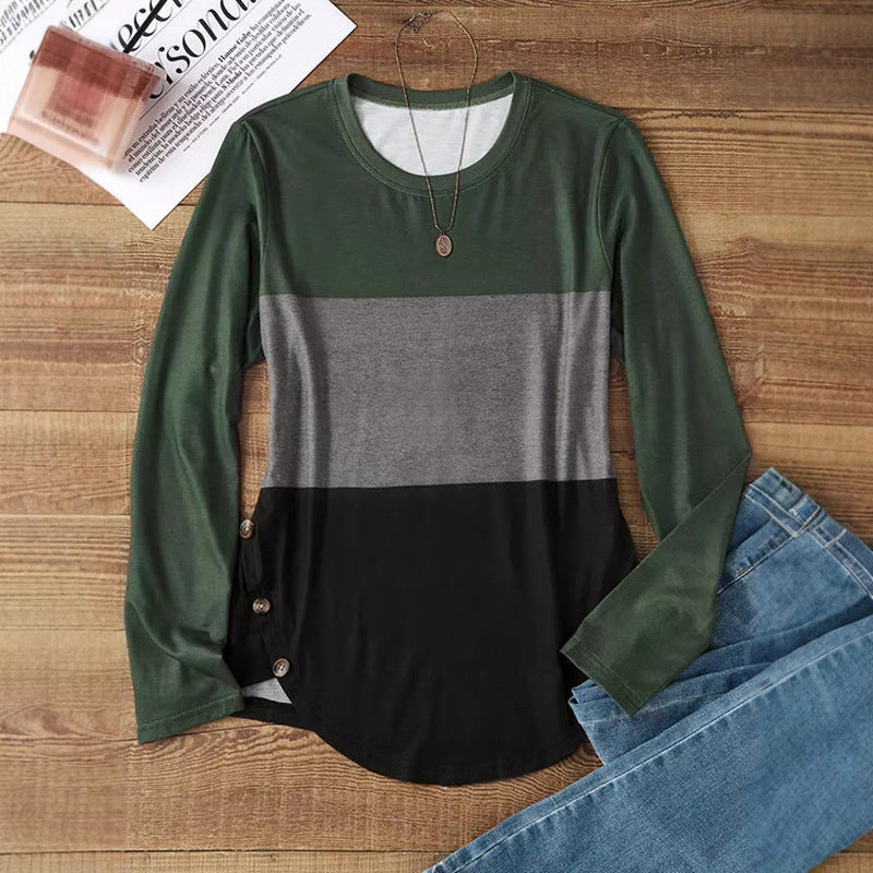Damen Langarm-Colorblock-Shirt mit rundem Saum und seitlichem Knopfdetail Shop Nory