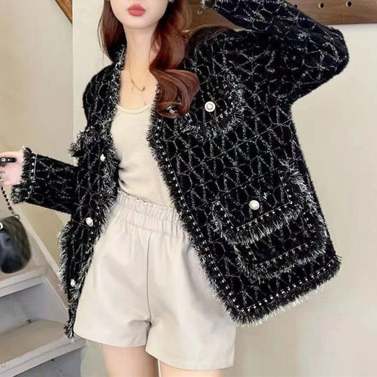 Damen Flauschige Strickjacke mit Perlen-Dekor Shop Nory