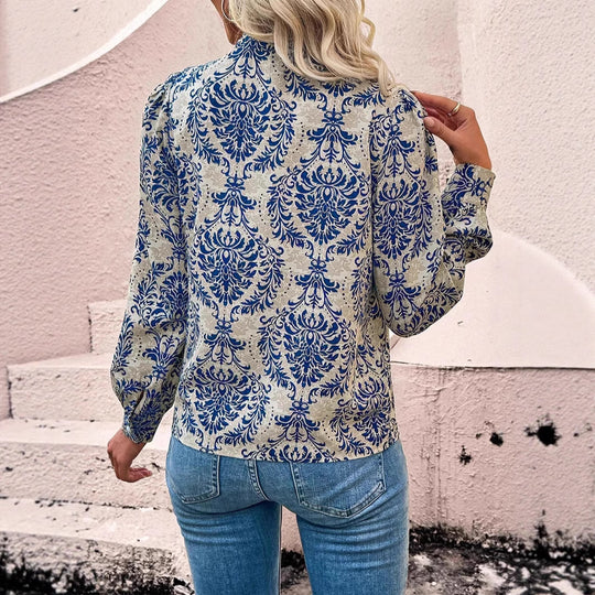 Damen Leichte Boho-Bluse mit Barockprint, Spitzenbesatz und Knopfleiste Shop Nory
