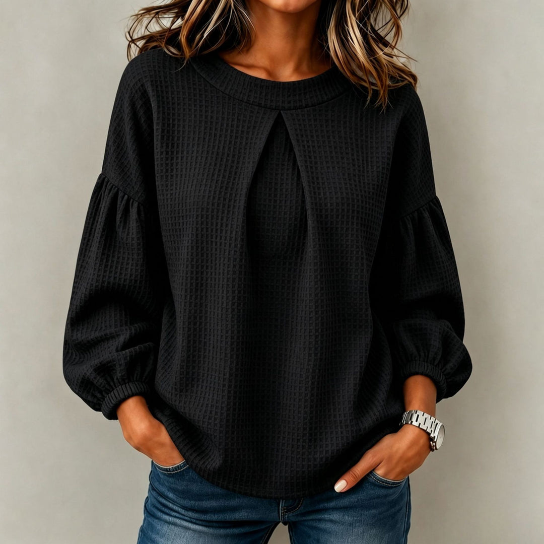 Damen Lockeres Waffelstrick-Sweatshirt mit Vorderfalte und Ballonärmeln Shop Nory