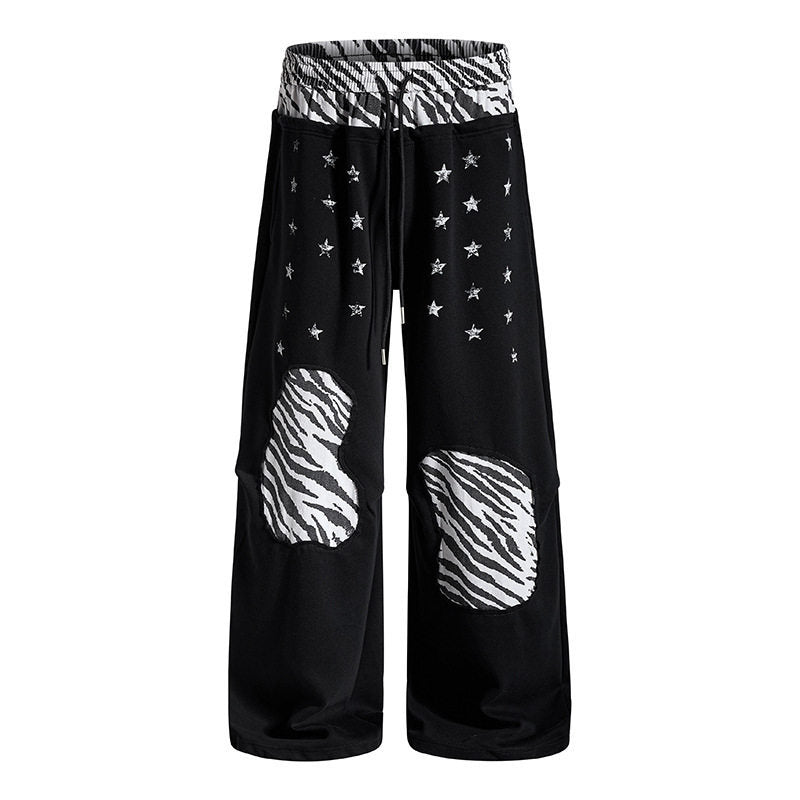 Damen Lässige Palazzo-Jogginghose mit Elastbund, Zebra‑Kniepatches und Sternen‑Print Shop Nory