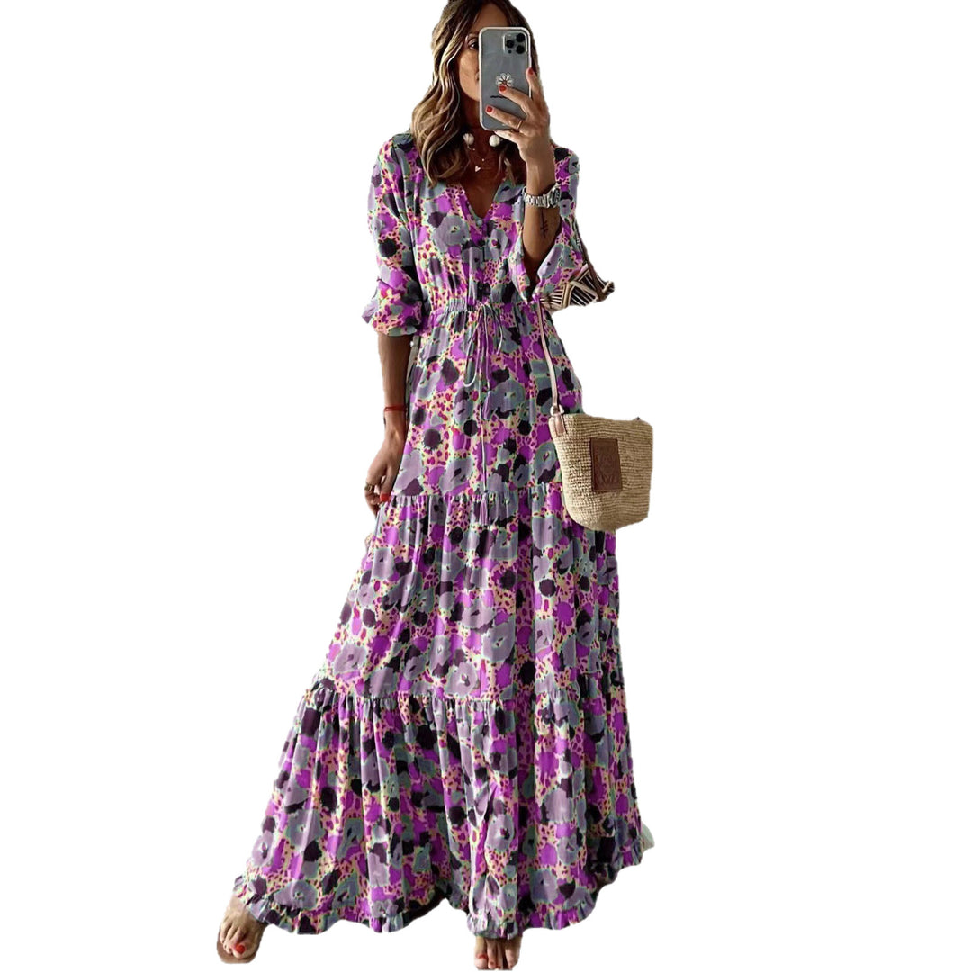 Damen Maxikleid mit Blumenprint, V‑Ausschnitt, Stufenvolant und Tunnelzugtaillen Shop Nory