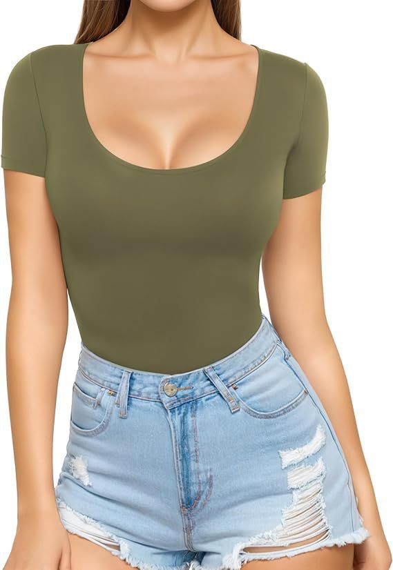 Damen figurbetontes Kurzarm-Body mit rundem Ausschnitt und nahtlosem Design