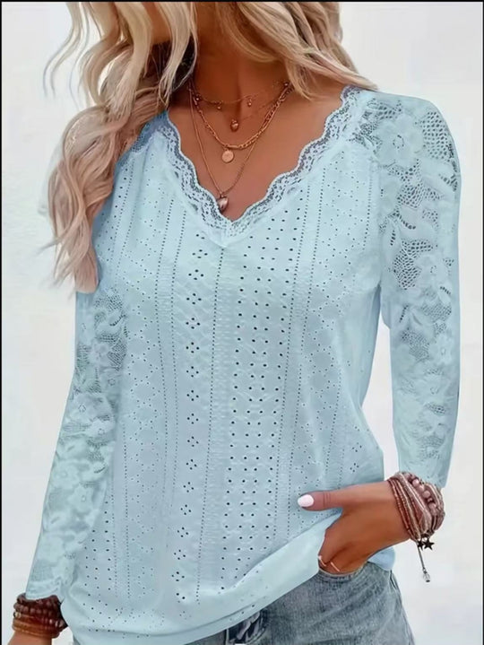 Damen Langarmbluse aus Lochstickerei mit Spitzen‑V‑Ausschnitt und floralem Netzärmel Shop Nory