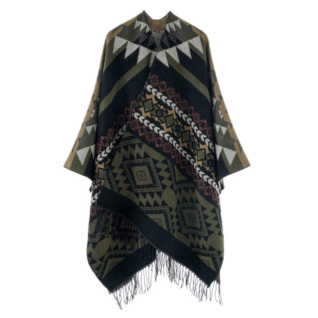 Damen Oversize Jacquard‑Cape im Ethno‑Jacquard mit Fransen Shop Nory