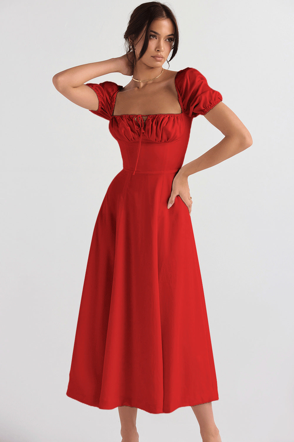 Damen Midi-Kleid mit gerafftem Oberkörper und ausgestelltem Rock