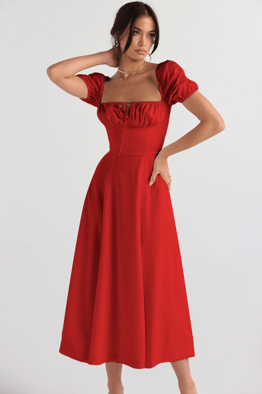 Damen Midi-Kleid mit gerafftem Oberkörper und ausgestelltem Rock