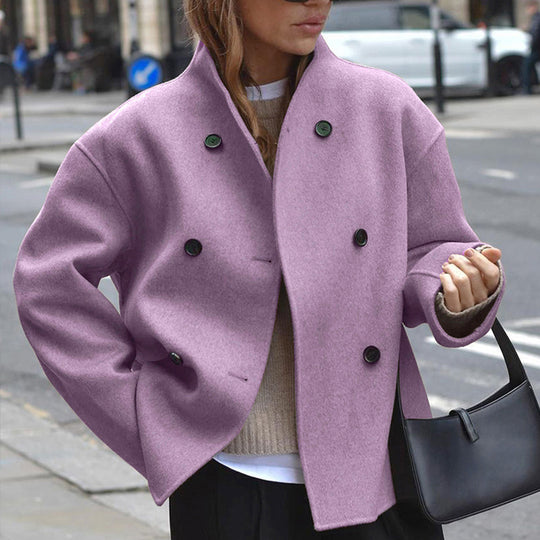 Damen Kurz geschnittener Oversize-Wollmantel mit doppelreihiger Knopfleiste und Stehkragen Shop Nory