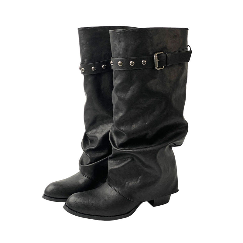 Damen Weiche Oversized Slouch-Overknee‑Stiefel mit verstellbarem Nieten‑Schnallenriemen Shop Nory