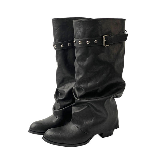 Damen Weiche Oversized Slouch-Overknee‑Stiefel mit verstellbarem Nieten‑Schnallenriemen Shop Nory