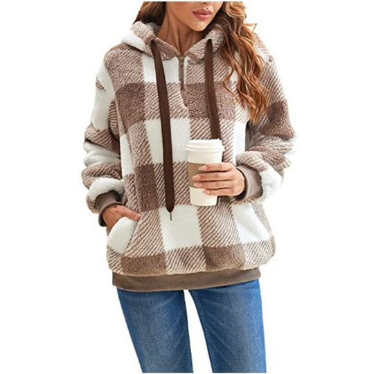 Damen Oversized Sherpa-Hoodie im Karomuster mit halbem Reißverschluss und Kängurutasche Shop Nory
