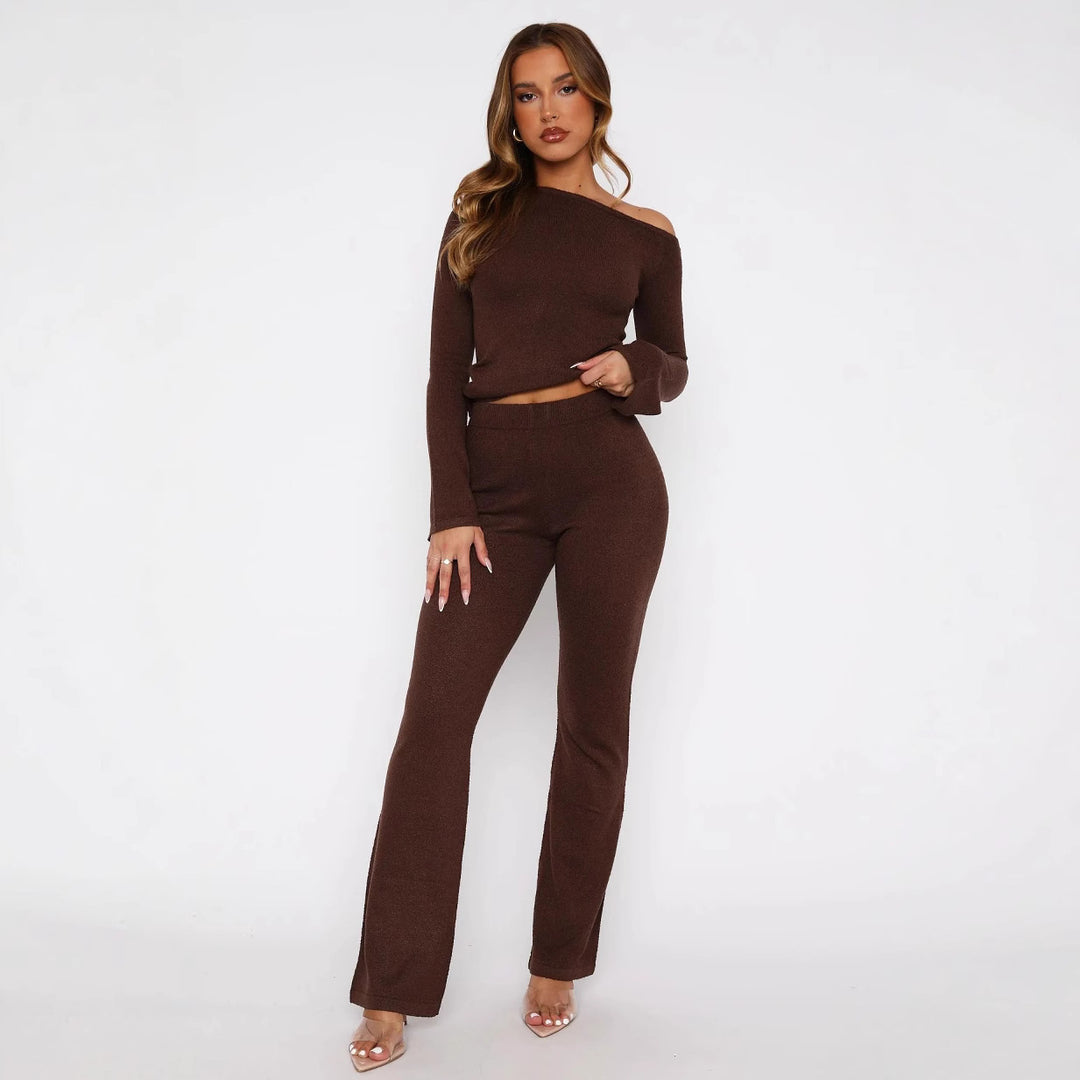 Damen Zweiteiliges Strick-Loungewear-Set mit Carmen‑Ausschnitt und weitem High‑Waist‑Hosenbein Shop Nory