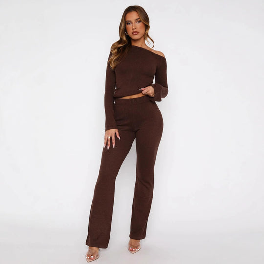 Damen Zweiteiliges Strick-Loungewear-Set mit Carmen‑Ausschnitt und weitem High‑Waist‑Hosenbein Shop Nory