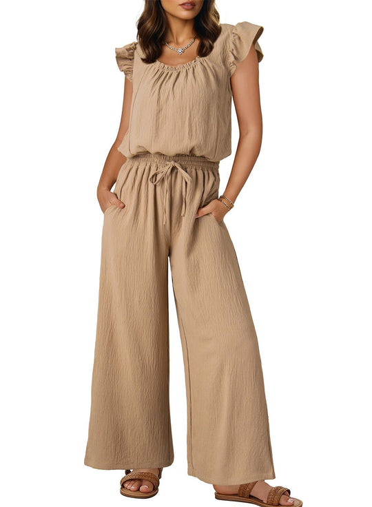 Damen Crinkle-Overall mit weitem Bein, elastischem Taillenbund und Rüschenärmeln Shop Nory