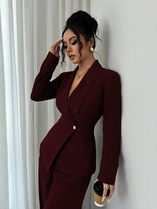 Damen nan taillierter Businessblazer mit Schalkragen, Gürtelbund und Ein-Knopf-Verschluss Shop Nory