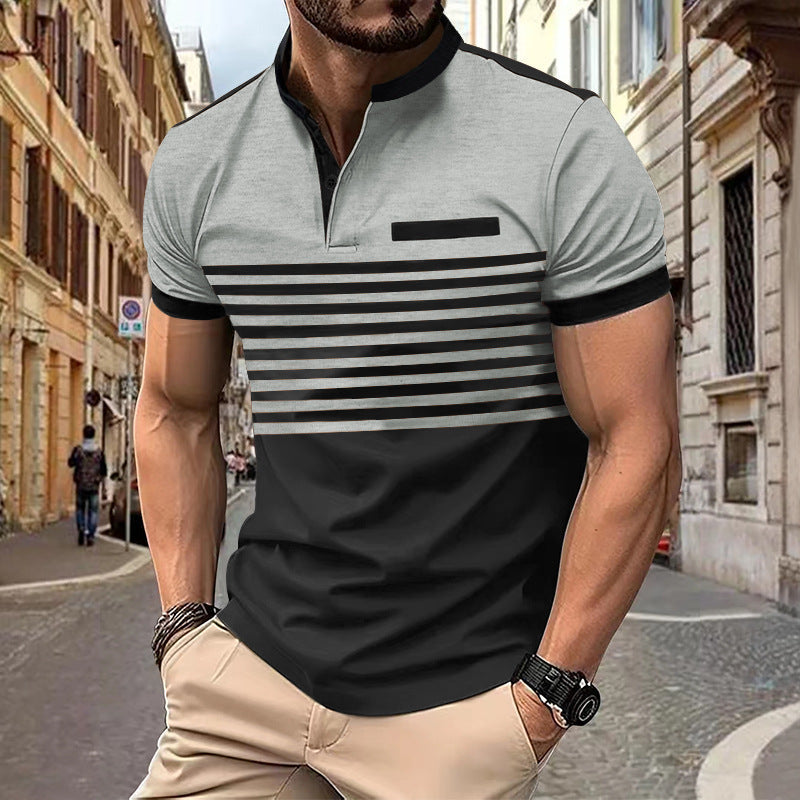 Herren nan kurzärmeliges Streifen-Kurzarmshirt mit Knopfleiste, Stehkragen und Brustpaspel Shopnory