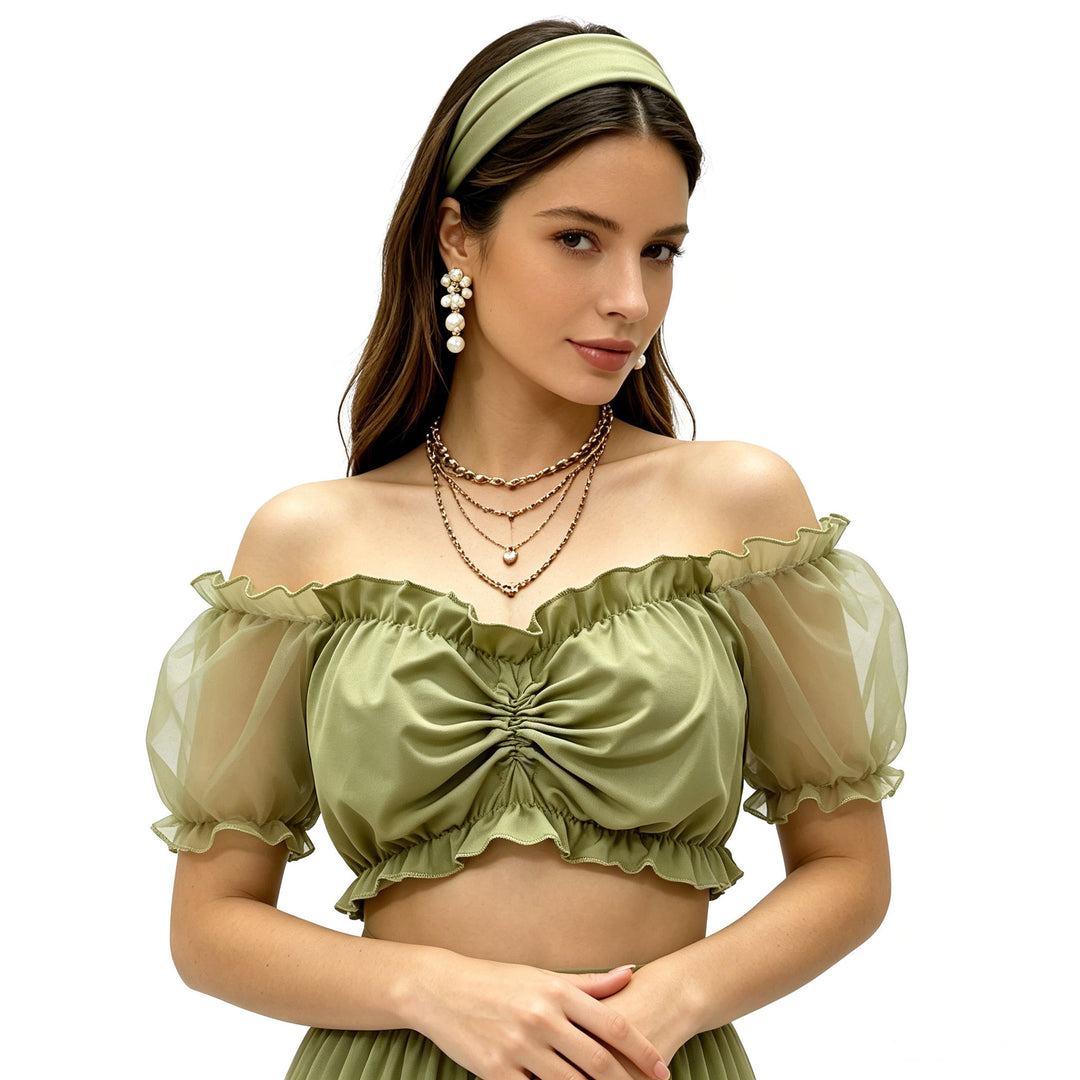 Damen nan gerafftes Crop Top mit Carmenausschnitt und transparenten Organzaärmeln Shop Nory