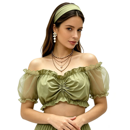 Damen nan gerafftes Crop Top mit Carmenausschnitt und transparenten Organzaärmeln Shop Nory