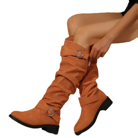 Damen Slouch-Stiefel kniehoch mit dekorativem Ringriemen und niedrigem Blockabsatz Shop Nory