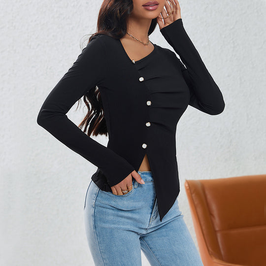 Damen asymmetrisches geripptes Longsleeve mit Diagonalknopfleiste und spitzem Saum Shop Nory