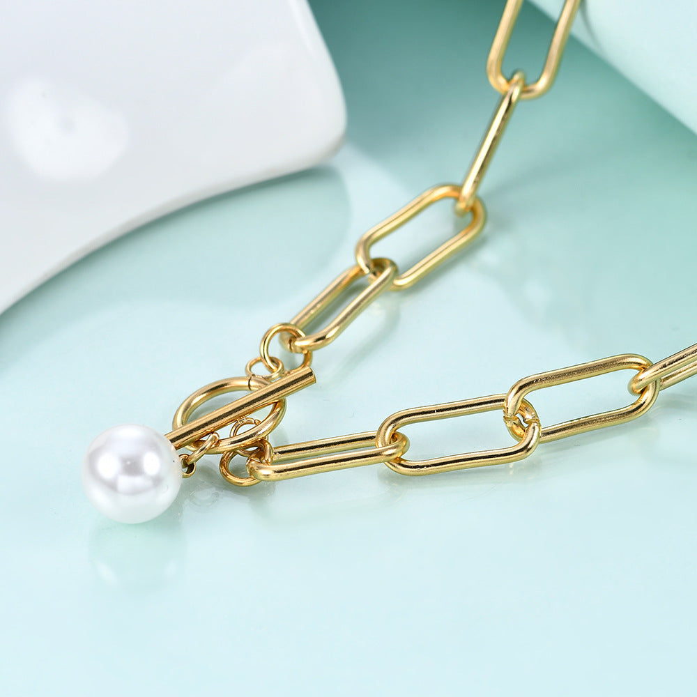 Damen Halskette mit modernem Gliederdesign und elegantem Perlenanhänger Shop Nory
