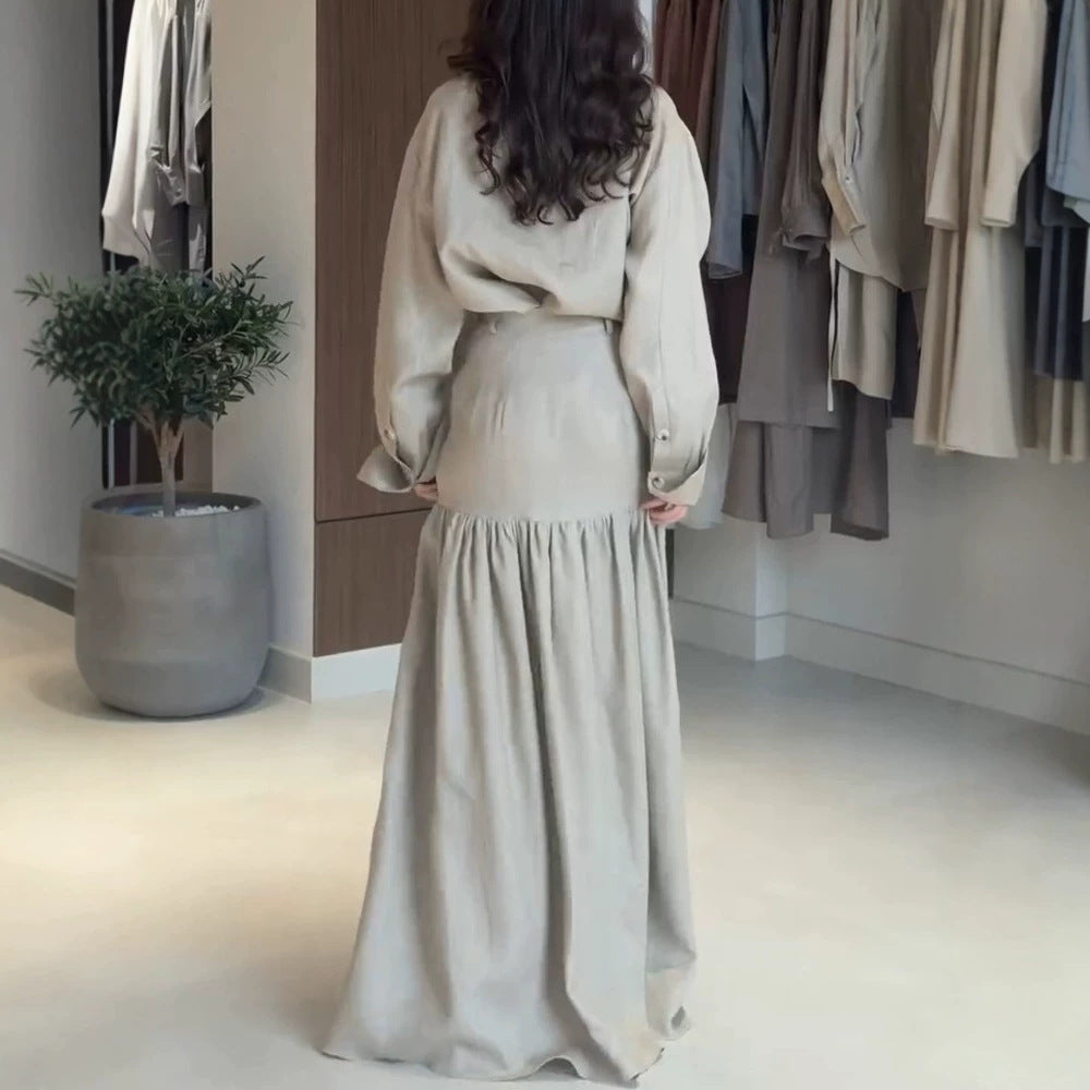 Damen Zweiteiliges Oversize-Hemd und Maxirock-Set mit hoher Taille & durchgehender Knopfleiste Shop Nory