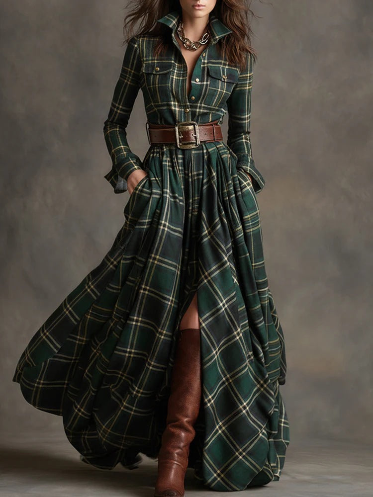 Damen nan karierte Maxikleid Hemdblusenkleid mit ausgestelltem Rock und breitem Taillengürtel Shop Nory
