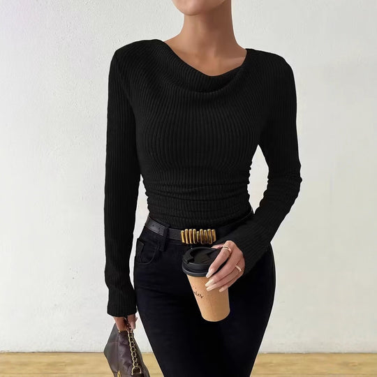 Damen Gerippter Taillierter Feinstrickpullover mit Raffung Shop Nory