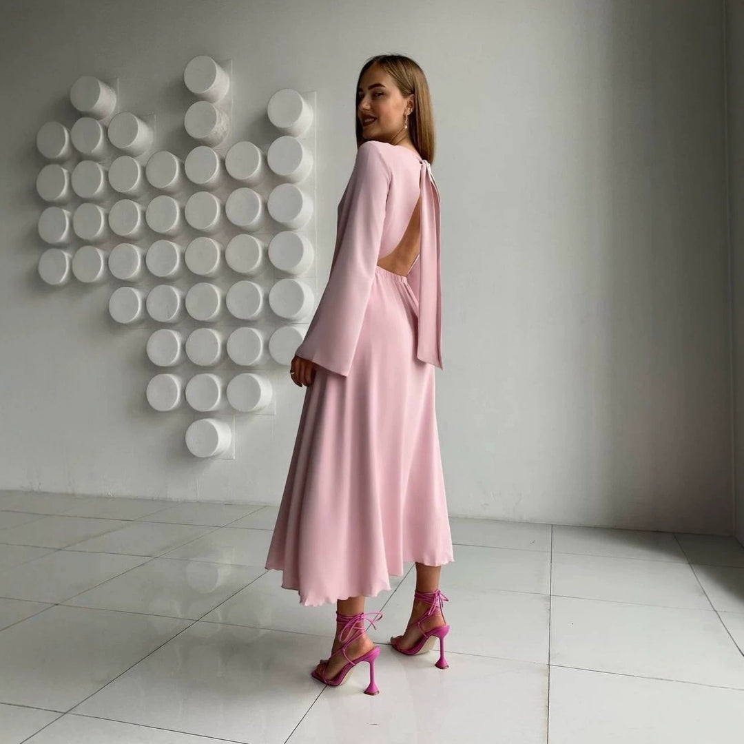 Damen Fließendes Midikleid mit U-Boot-Ausschnitt elastischer Taillenpasse und ausgestellten Manschettenärmeln Shop Nory