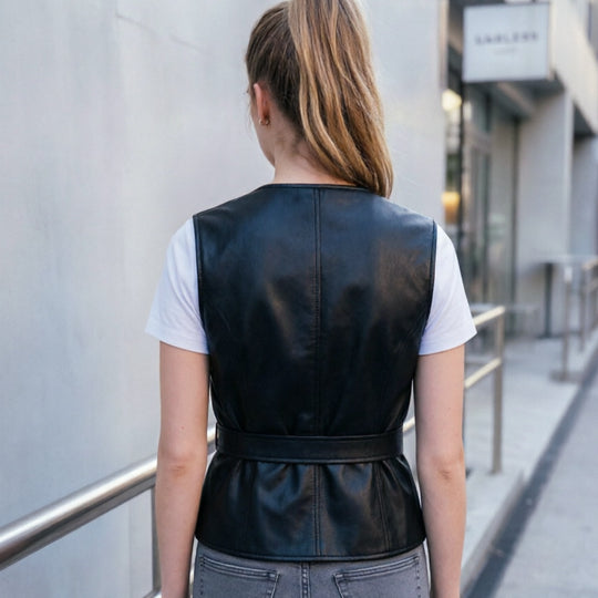 Damen taillierte ärmellose Lederweste mit Gürtel und V-Ausschnitt Shop Nory