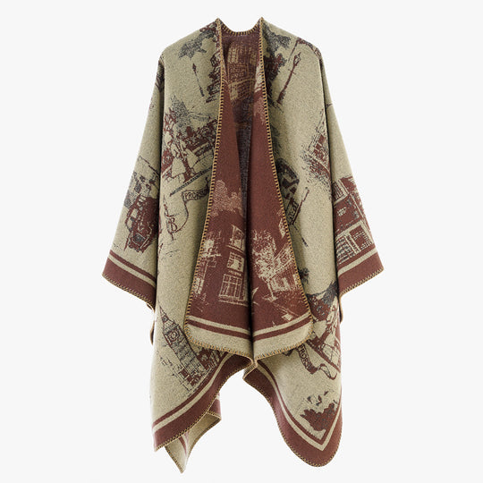 Damen Zweifarbiger Wolloptik-Überwurf mit Jacquard‑Stadtmotiv und offener Wasserfallfront Shop Nory