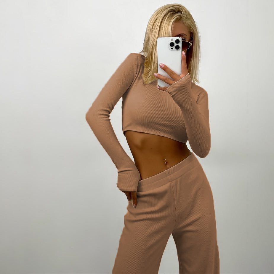 Damen geripptes Cropped-Langarmshirt mit taillenhoher Wide-Leg Loungehose Set Shop Nory