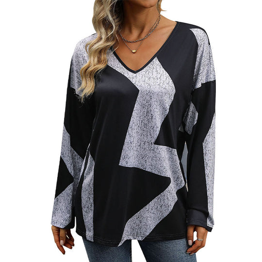 Damen Oversize V-Ausschnitt-Shirt mit abstraktem Grafikprint und leichtem Fall Shop Nory