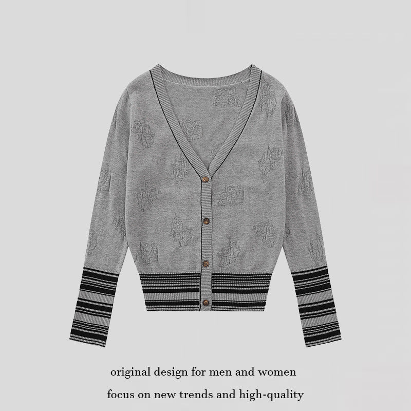 Damen Strickjacke mit V‑Ausschnitt, feinem Jacquardmuster und kontrastierenden Bündchen Shop Nory