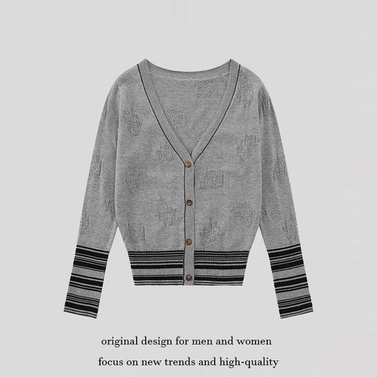 Damen Strickjacke mit V‑Ausschnitt, feinem Jacquardmuster und kontrastierenden Bündchen Shop Nory