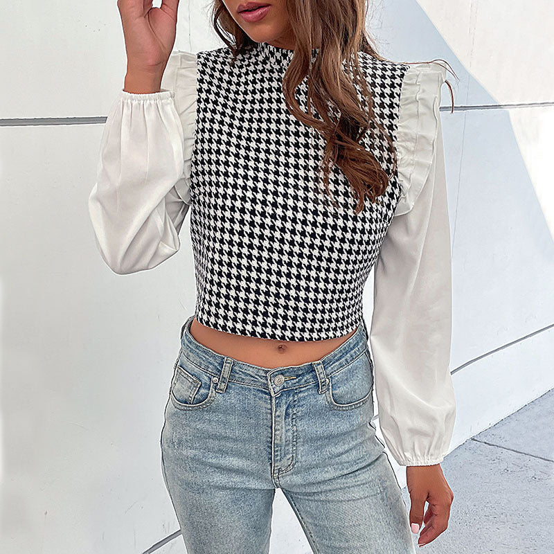 Damen Kurzes Hahnentritt-Top mit Stehkragen, Puffärmeln und gerafften Schulterrüschen Shop Nory